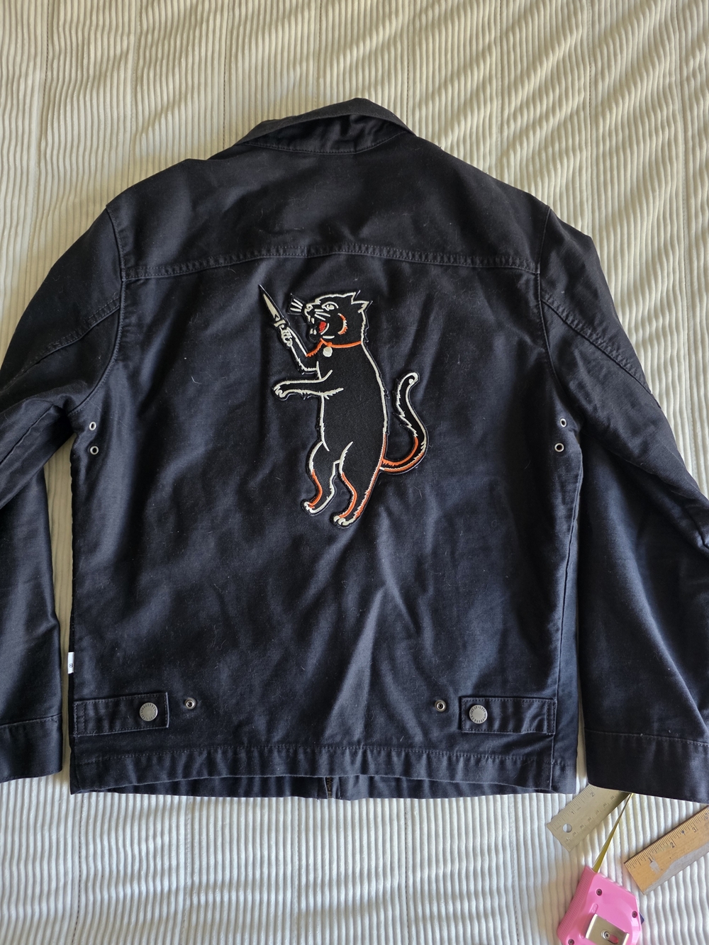 Levis Custom Bomber Trucker Black Embroidered Cat Patch Jacket